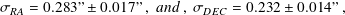 σRA = 0.283” 0.017” , and , σDEC = 0.232 0.014” ,
